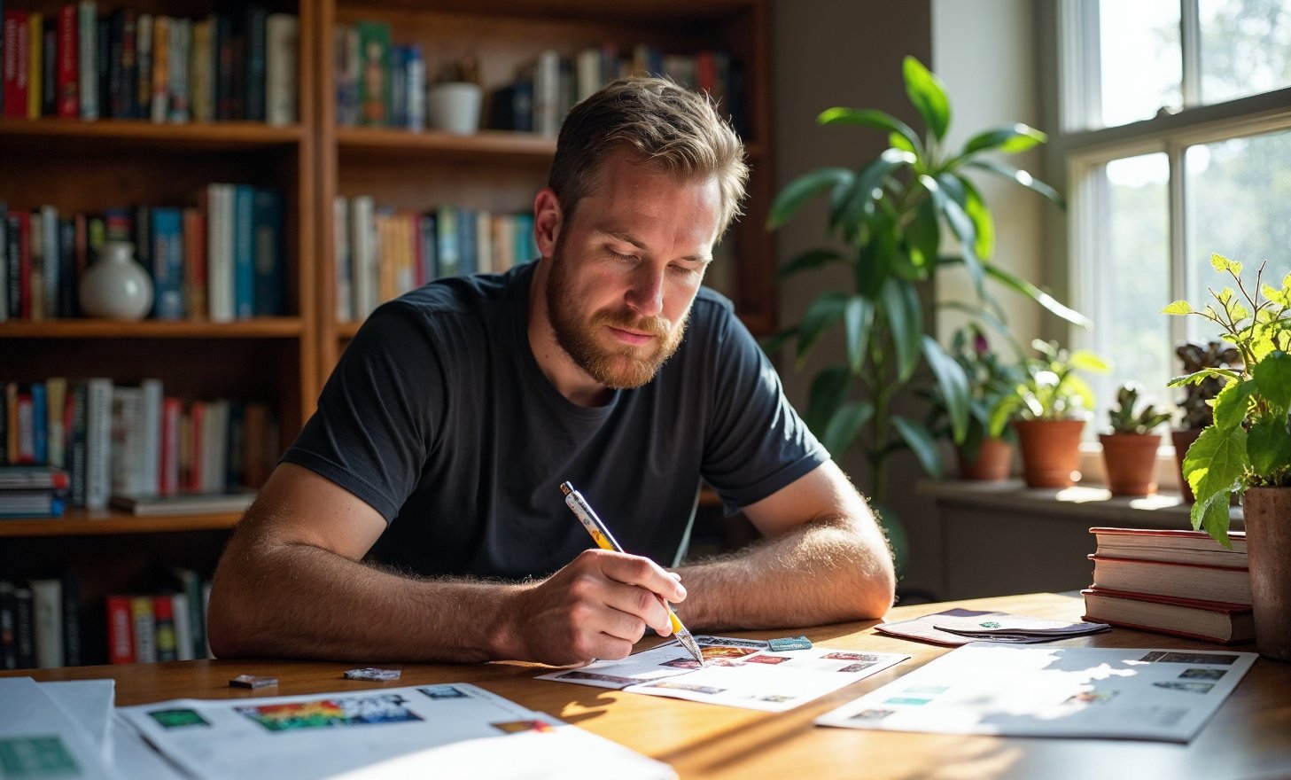 Board game designer working at home, seated at his desk surrounded by board games and sketches, reviewing the Ghost Quest prototype in a workspace lit by natural light.