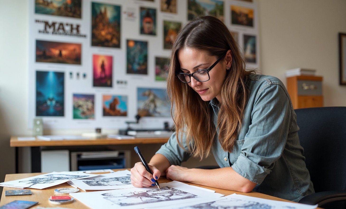 Emma Richards working intently at a design table, surrounded by sketches and prototypes for "Mystic Realms," reflecting her creative process.