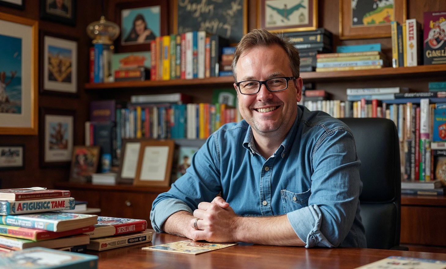 James Carter in his office, surrounded by an extensive collection of board games and industry awards, showcasing his passion for the board game community.