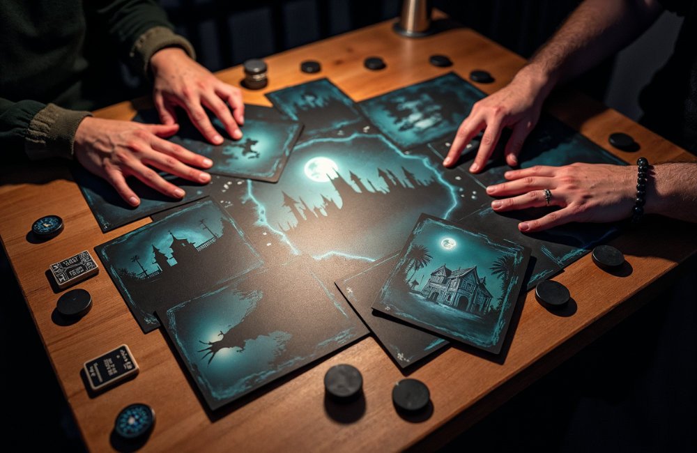 Ghost Quest prototype in the middle of a game, showing cards, tokens, and dice on a dark wooden table, with two players' hands interacting with the components in a dim and mysterious atmosphere.